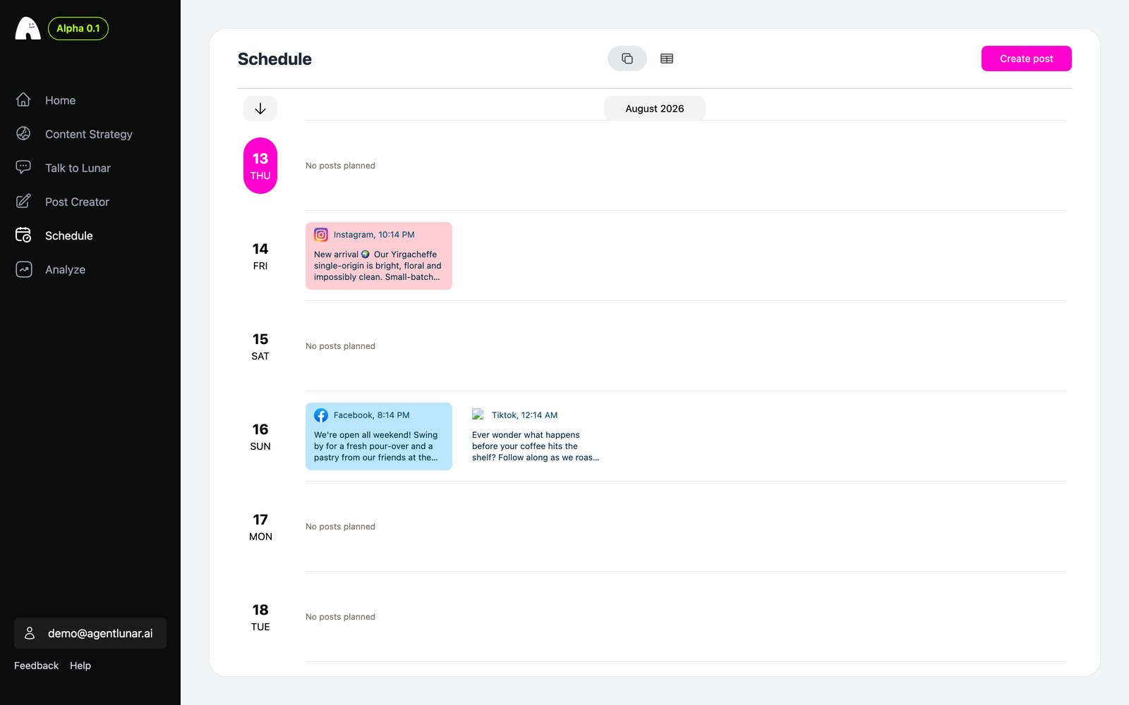 Agent Lunar's scheduling calendar, with generated posts queued per channel