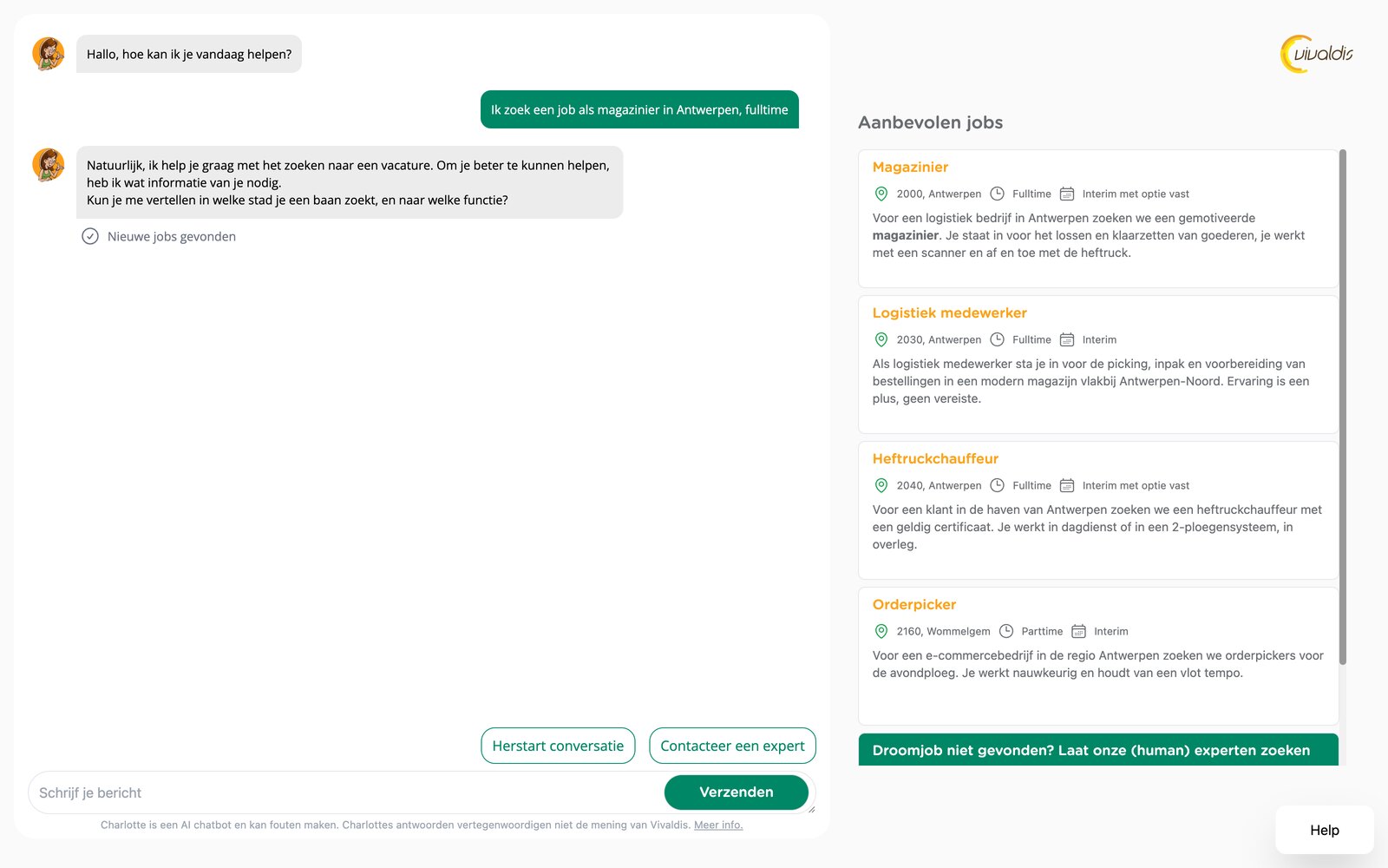 Charlotte narrowing down a job search in conversation, with ranked vacancies alongside
