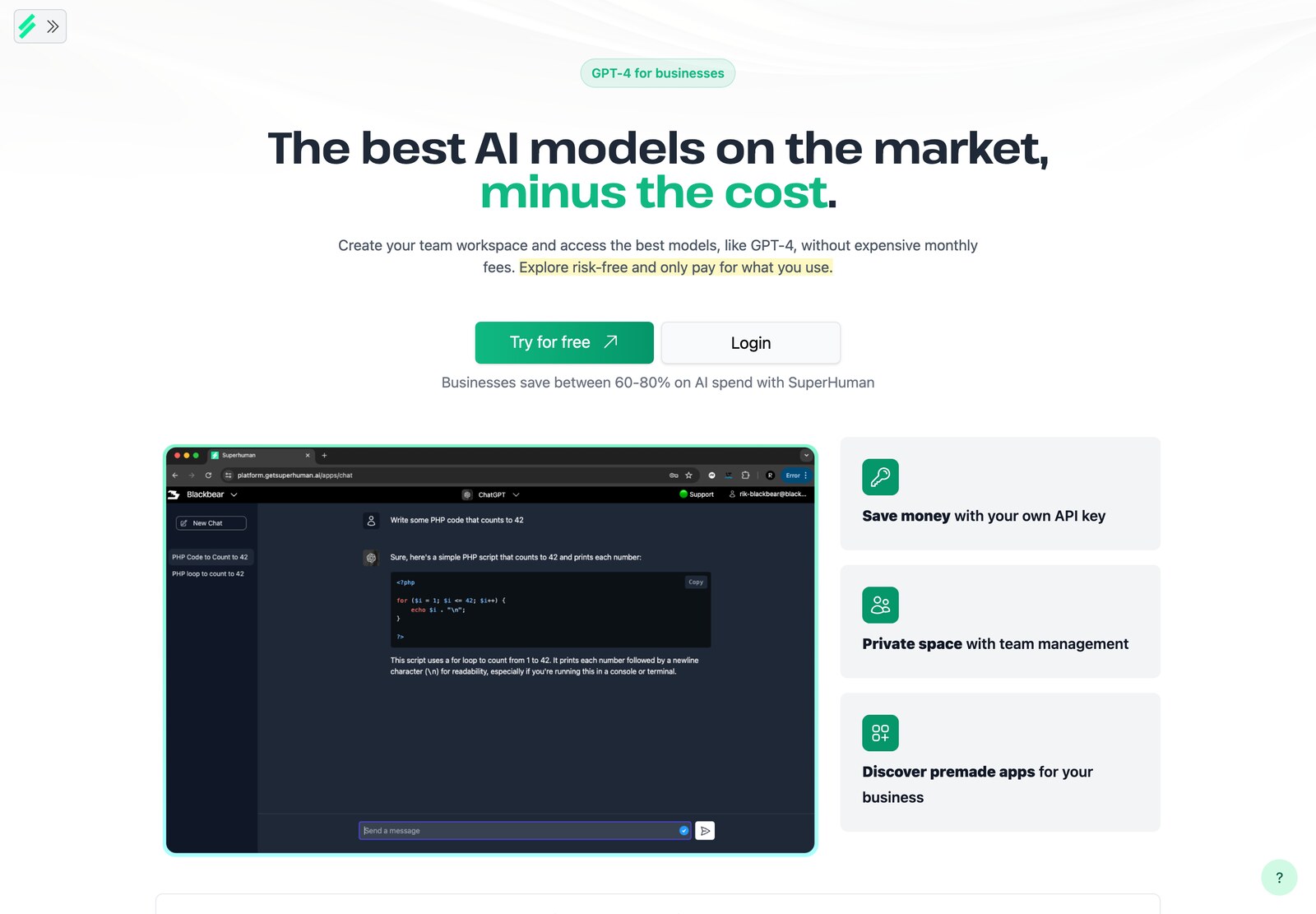 The Superhuman homepage: one AI workspace for a team, at the cost of your own API key