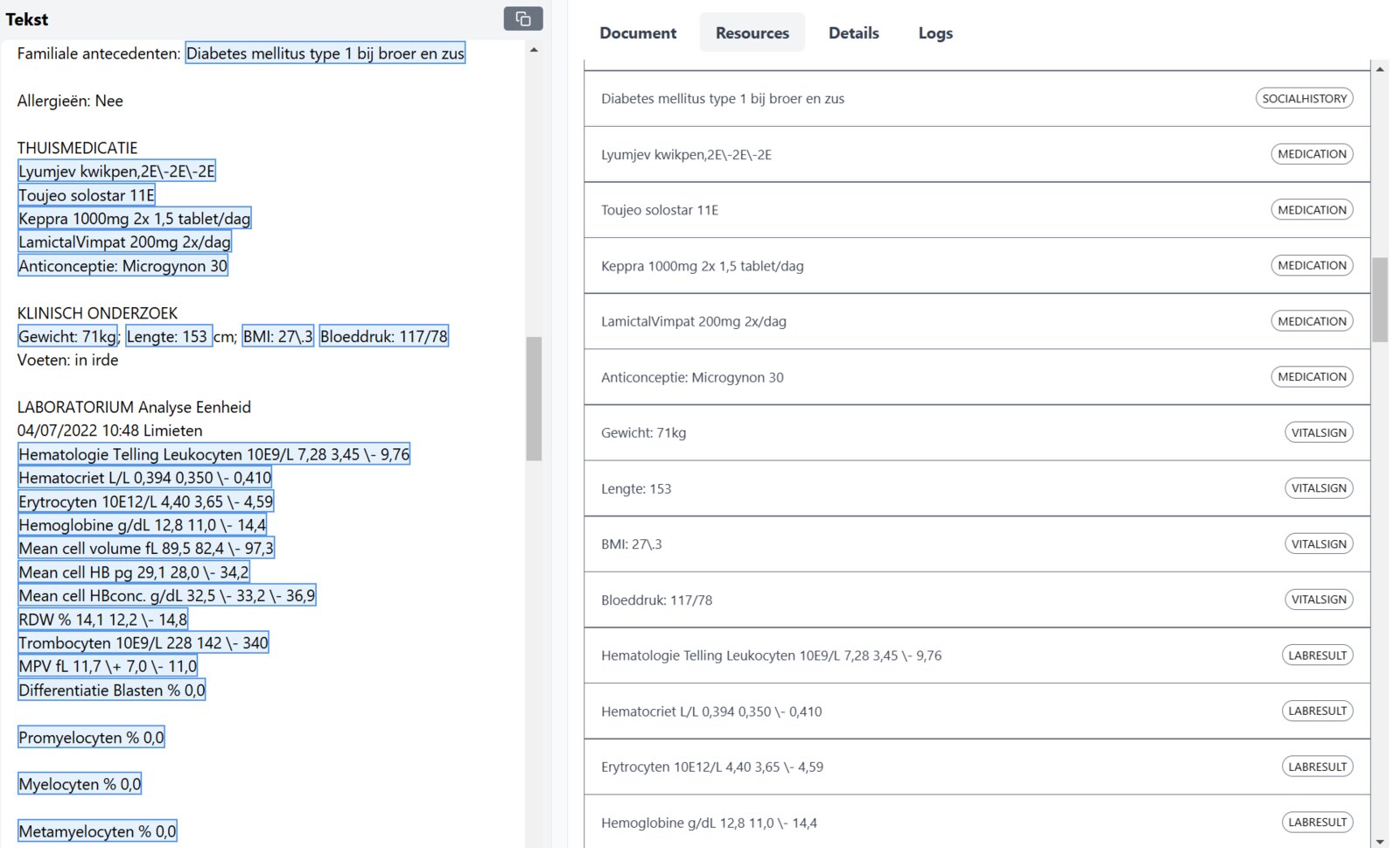 Unstructured letter text on the left, extracted and typed clinical resources on the right